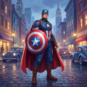 Malen nach Zahlen Captain America steht mit seinem Sternenschild auf einer Straße