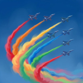 Malen nach Zahlen drei Kampfflugzeuge in Formation an einem blauen Himmel
