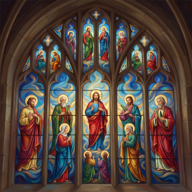 Malen nach Zahlen Kirchenfenster einer Kathedrale mit Heiligen mit Heiligenschein und bunten Glasmalereien