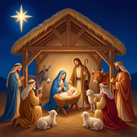 Malen nach Zahlen Weihnachtskrippe mit Maria, Josef und dem Jesuskind unter einem Stern