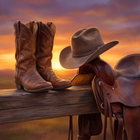 Malen nach Zahlen Cowboystiefel und Cowboyhut auf einem Holzzaun bei Sonnenaufgang