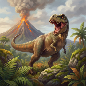 Malen nach Zahlen brüllender T-Rex vor einem ausbrechenden Vulkan im Dschungel