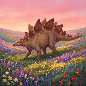 Malen nach Zahlen grüner Stegosaurus in einem blühenden Tal unter rosa Himmel