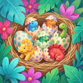 Malen nach Zahlen grünes und rosa Dinosaurierbaby in einem Nest aus Zweigen