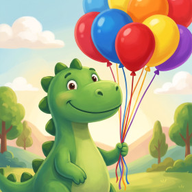 Malen nach Zahlen lächelnder grüner Dinosaurier mit bunten Luftballons auf einer Wiese