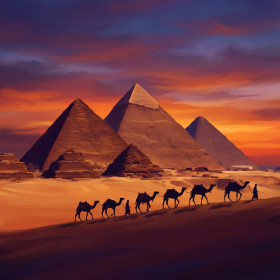 Malen nach Zahlen drei Pyramiden von Gizeh und Kamelkarawane bei Sonnenuntergang