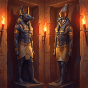 Malen nach Zahlen Anubis- und Horus-Statuen in einem goldenen ägyptischen Grabmal