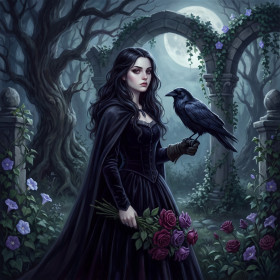 Malen nach Zahlen Gothic-Mädchen mit Rabe in einem nächtlichen Garten