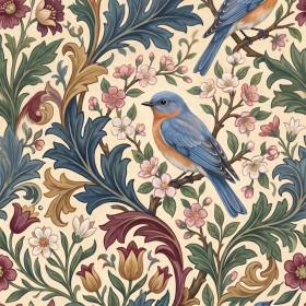 Malen nach Zahlen blauer Vogel zwischen rosa Kirschblüten auf cremefarbenem Hintergrund
