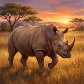 Malen nach Zahlen graues Nashorn wandert bei Sonnenaufgang durch die goldene Savanne