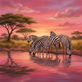 Malen nach Zahlen Zebras an einer Wasserstelle unter rosa Himmel