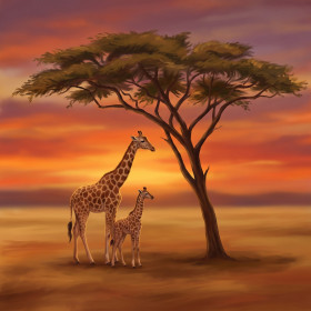 Malen nach Zahlen Giraffe mit Jungtier unter einer Akazie
