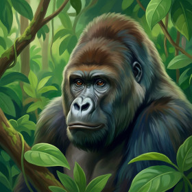 Malen nach Zahlen schwarzer Gorilla in einem tropischen Wald mit grünen Blättern