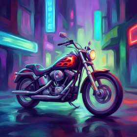Malen nach Zahlen Custom-Motorrad mit orangefarbenen Flammen auf einer violetten Neonstraße