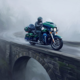 Malen nach Zahlen Touring-Motorrad auf einer Brücke im Nebel mit eingeschaltetem Scheinwerfer
