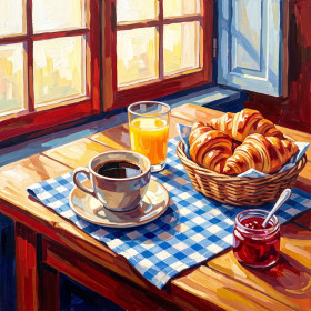 Malen nach Zahlen Croissants, Kaffee und Orangensaft auf blauer Tischdecke