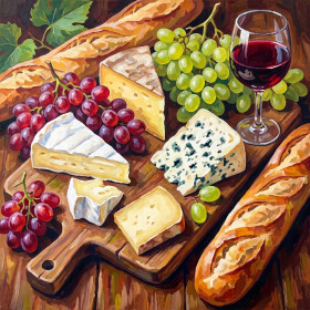 Malen nach Zahlen Käseplatte, Trauben, Baguette und ein Glas Rotwein