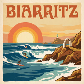Malen nach Zahlen Vintage-Poster Biarritz mit Surfern und orangefarbenem Sonnenuntergang