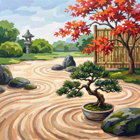 Malen nach Zahlen mit japanischem Garten, rotem Ahorn und Bonsai