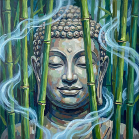 Malen nach Zahlen Buddhakopf umgeben von grünem Bambus und weißem Rauch
