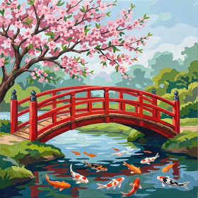 Malen nach Zahlen rote japanische Brücke über einem Teich mit Koi-Karpfen