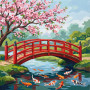 Malen nach Zahlen rote japanische Brücke über einem Teich mit Koi-Karpfen