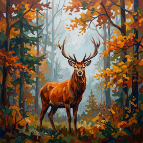 Malen nach Zahlen mit einem Rothirsch in einem Wald in Herbstfarben