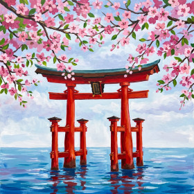 Malen nach Zahlen rotes Torii im Meer unter rosa Kirschbäumen
