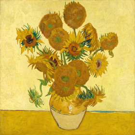Malen nach Zahlen mit gelben und braunen Sonnenblumen in einer hellen Vase