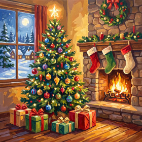 Malen nach Zahlen geschmückter Weihnachtsbaum vor einem Kamin mit Geschenken