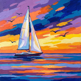 Malen nach Zahlen weißes Segelboot unter orange-violettem Himmel bei Sonnenuntergang