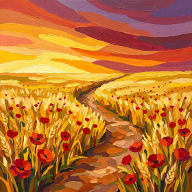 Malen nach Zahlen Weizenfeld, Mohnblumen und violetter Himmel in der Dämmerung
