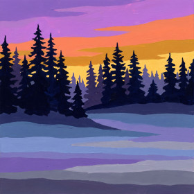 Malen nach Zahlen Wald aus schwarzen Tannen vor einem Himmel mit violett-orangefarbenem Farbverlauf