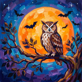 Malen nach Zahlen orangefarbene Eule auf einem Ast vor einem großen Mond