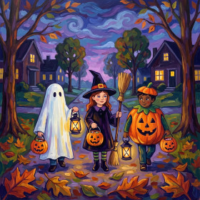 Malen nach Zahlen Kinder im Hexen-, Geister- und Kürbiskostüm für Halloween
