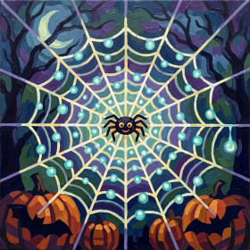 Malen nach Zahlen lächelnde Spinne und orangefarbene Kürbisse auf geometrischer Nachtleinwand