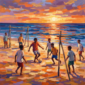 Malen nach Zahlen Kinder spielen bei Sonnenuntergang Fußball am Strand