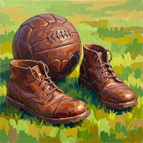 Malen nach Zahlen Vintage-Fußball und Lederschuhe auf grünem Gras
