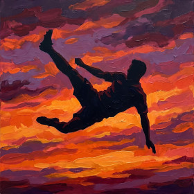 Malen nach Zahlen schwarze Silhouette eines Fußballspielers beim Fallrückzieher vor orangefarbenem Himmel