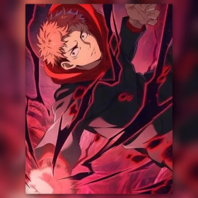 Malen nach Zahlen Yuji Itadori mit roter Kapuze und schwarzer Aura auf dunklem Hintergrund