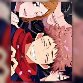 Malen nach Zahlen Yuji, Megumi, Nobara und Gojo im Kreis liegend unter rosa Blütenblättern