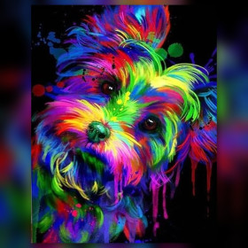 Malen nach Zahlen Yorkshire Terrier in leuchtenden Farben auf schwarzem Hintergrund