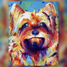 Malen nach Zahlen Yorkshire Terrier in Pop-Art-Farben Gelb, Blau und Rot