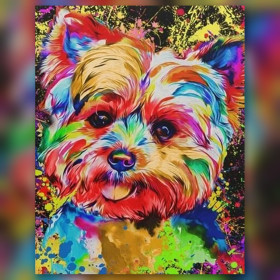 Malen nach Zahlen bunter Yorkshire Terrier im Pop-Art-Stil auf schwarzem Hintergrund