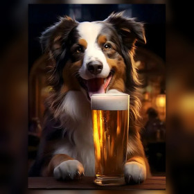 Malen nach Zahlen lächelnder Australian Shepherd an der Theke mit einem Bier