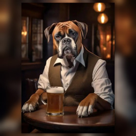 Malen nach Zahlen Boxer in Weste am Tisch im Pub