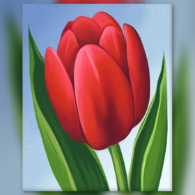 Malen nach Zahlen rote Tulpe in Nahaufnahme auf hellblauem Hintergrund