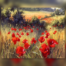 Malen nach Zahlen: Feld mit roten Mohnblumen auf einem Hügel