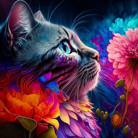 Malen nach Zahlen: Bunte Katze im Profil mit Blumen