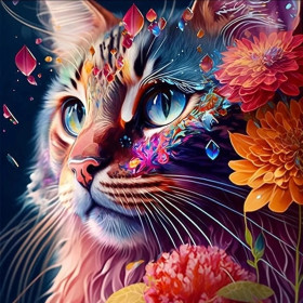 Malen nach Zahlen: Bunte Katze mit blauen Augen umgeben von Blumen